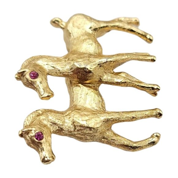 Napier Goldtone Horse Pair Pin Brooch Red Rhinestone Signed - Picture 3 of 7